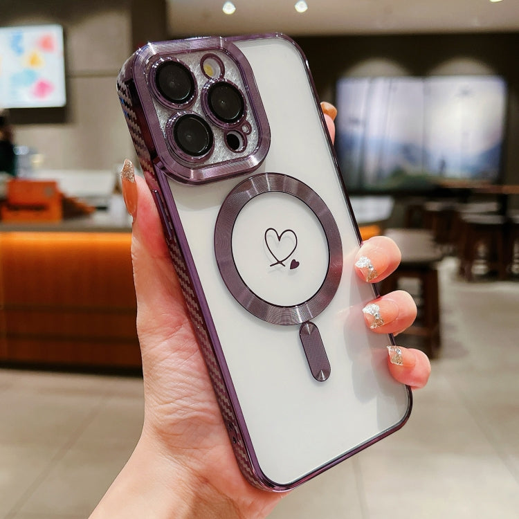 For iPhone 12 Pro Loves Carbon Fiber Clear Plated Magsafe TPU Phone Case(Purple) - iPhone 12 / 12 Pro Cases by buy2fix | Online Shopping UK | buy2fix