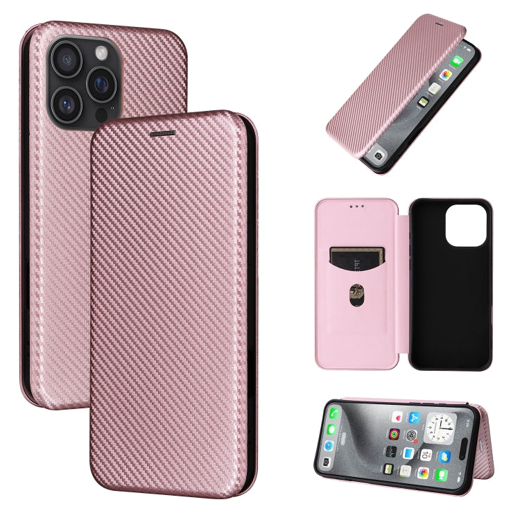 For iPhone 16 Pro Carbon Fiber Texture Flip Leather Phone Case(Pink) - iPhone 16 Pro Cases by buy2fix | Online Shopping UK | buy2fix