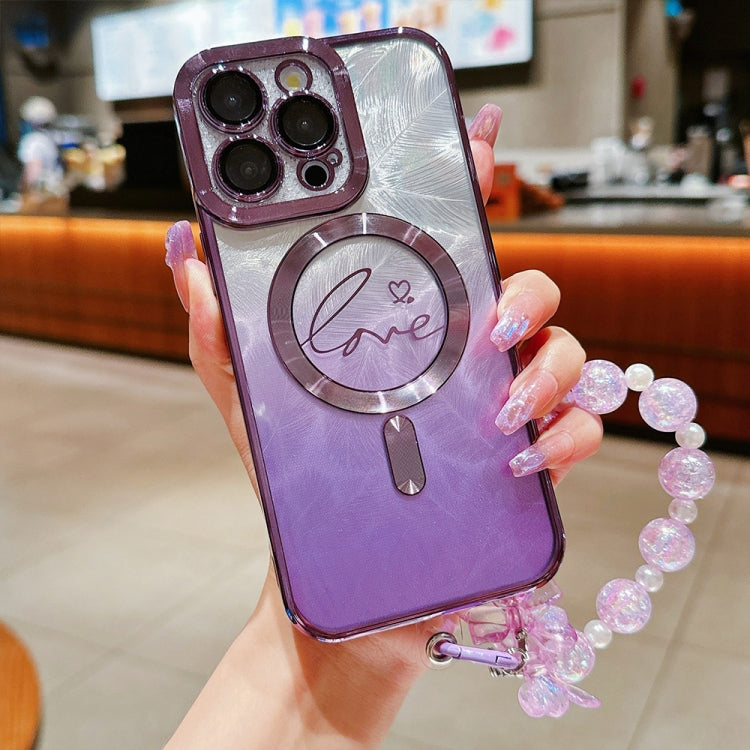 For iPhone 16 Pro Max Dual-Love Feather  Gradient Glitter Bracelets Magsafe TPU Phone Case(Purple) - iPhone 16 Pro Max Cases by buy2fix | Online Shopping UK | buy2fix