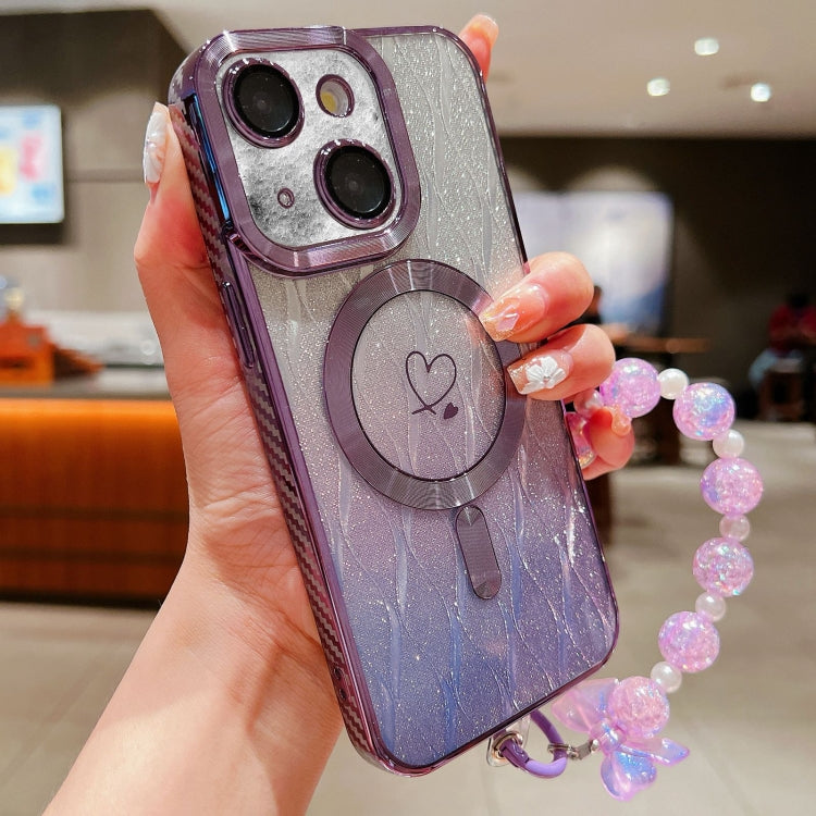 For iPhone 13 Loves Leaves Gradient Glitter Bracelets Carbon Fiber Magsafe TPU Phone Case(Purple) - iPhone 13 Cases by buy2fix | Online Shopping UK | buy2fix