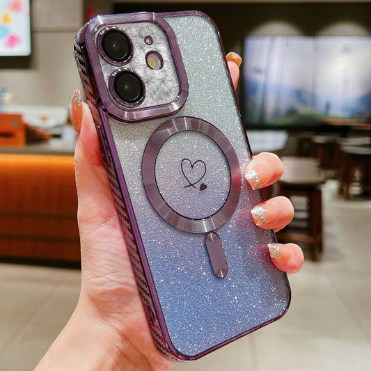 For iPhone 11 Loves Gradient Glitter Carbon Fiber Magsafe TPU Phone Case(Purple) - iPhone 11 Cases by buy2fix | Online Shopping UK | buy2fix