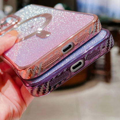 For iPhone 11 Loves Gradient Glitter Carbon Fiber Magsafe TPU Phone Case(Pink) - iPhone 11 Cases by buy2fix | Online Shopping UK | buy2fix