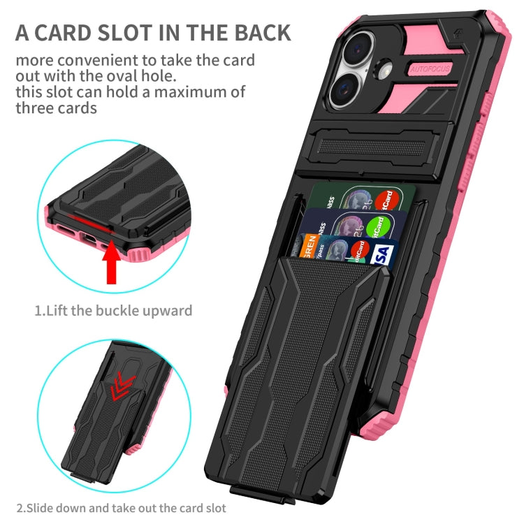 For iPhone 16 Plus Kickstand Armor Card Wallet Phone Case(Pink) - iPhone 16 Plus Cases by buy2fix | Online Shopping UK | buy2fix