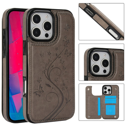 For iPhone 16 Pro Double Buckle Butterfly Embossing PU Phone Case(Grey) - iPhone 16 Pro Cases by buy2fix | Online Shopping UK | buy2fix