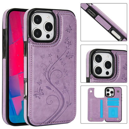 For iPhone 16 Pro Double Buckle Butterfly Embossing PU Phone Case(Purple) - iPhone 16 Pro Cases by buy2fix | Online Shopping UK | buy2fix