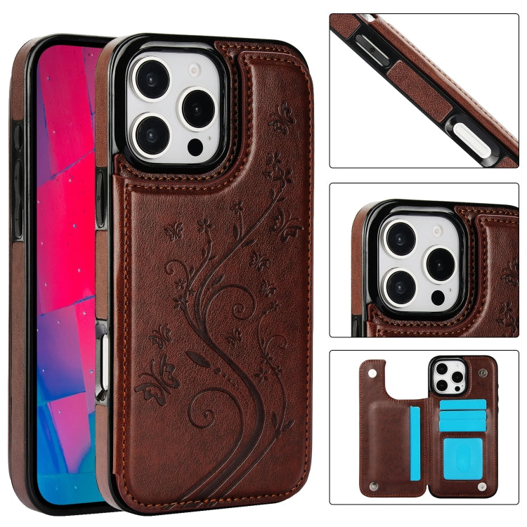 For iPhone 16 Pro Double Buckle Butterfly Embossing PU Phone Case(Brown) - iPhone 16 Pro Cases by buy2fix | Online Shopping UK | buy2fix