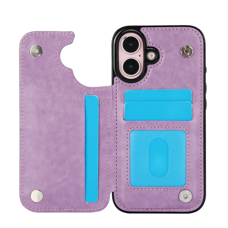 For iPhone 16 Plus Double Buckle Butterfly Embossing PU Phone Case(Purple) - iPhone 16 Plus Cases by buy2fix | Online Shopping UK | buy2fix