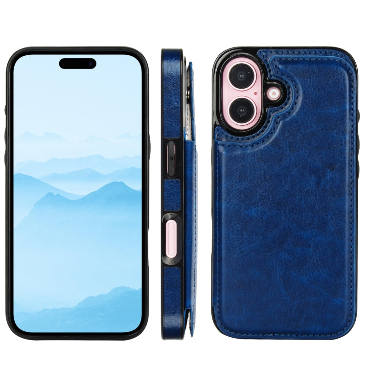 For iPhone 16 Plus Double Buckle Crazy Horse Texture PU Phone Case(Blue) - iPhone 16 Plus Cases by buy2fix | Online Shopping UK | buy2fix