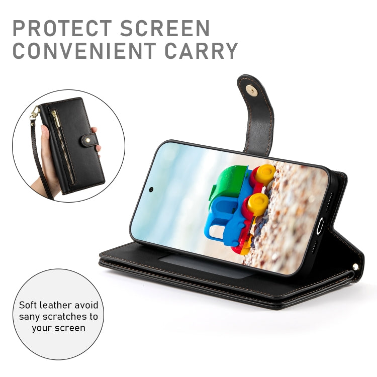 For Google Pixel 9 / 9 Pro Nine Card-slot Zipper Wallet Bag Leather Phone Case(Black) - Google Cases by buy2fix | Online Shopping UK | buy2fix