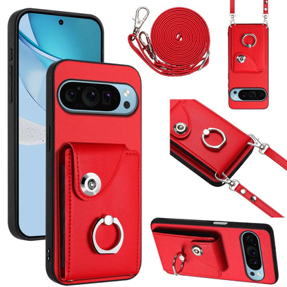 For Google Pixel 9 / 9 Pro Organ Card Bag Ring Holder Phone Case with Long Lanyard(Red) - Google Cases by buy2fix | Online Shopping UK | buy2fix