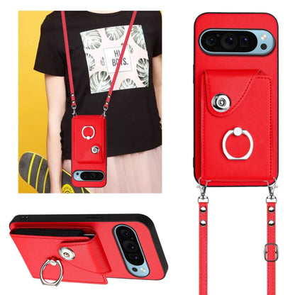 For Google Pixel 9 Pro XL Organ Card Bag Ring Holder Phone Case with Long Lanyard(Red) - Google Cases by buy2fix | Online Shopping UK | buy2fix