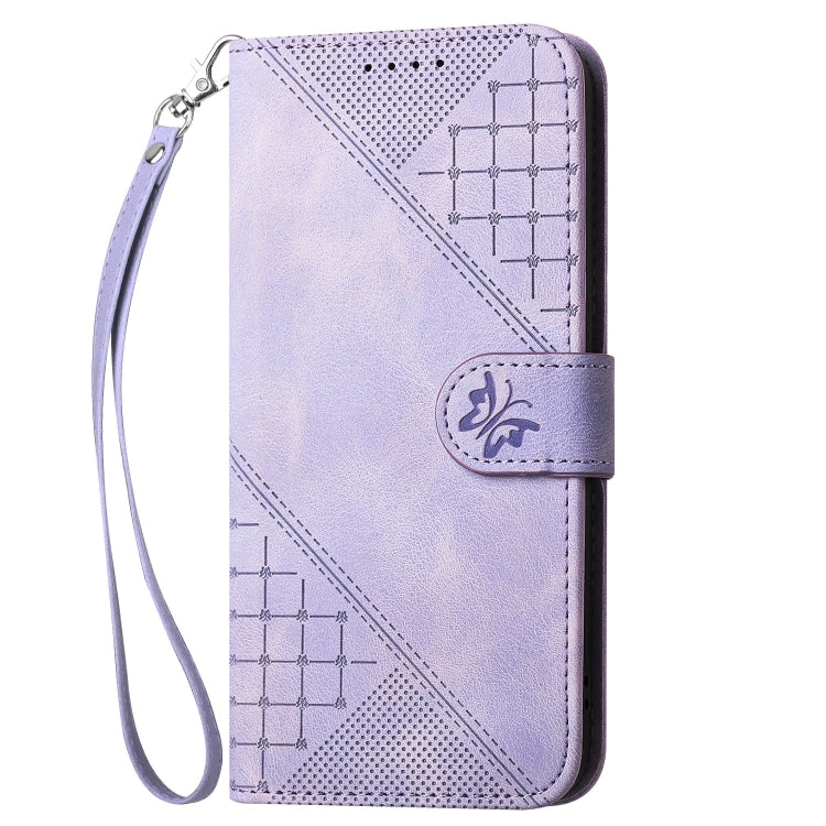 For iPhone 16 Pro YX0080 Grid Butterfly Embossed Pattern Flip Leather Phone Case with Lanyard(Light Purple) - iPhone 16 Pro Cases by buy2fix | Online Shopping UK | buy2fix