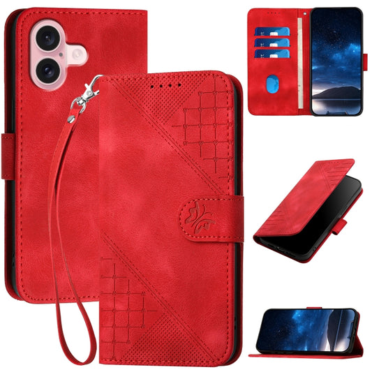 For iPhone 16 YX0080 Grid Butterfly Embossed Pattern Flip Leather Phone Case with Lanyard(Red) - iPhone 16 Cases by buy2fix | Online Shopping UK | buy2fix