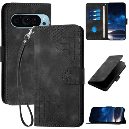 For Google Pixel 9 Pro XL YX0080 Grid Butterfly Embossed Pattern Flip Leather Phone Case with Lanyard(Black) - Google Cases by buy2fix | Online Shopping UK | buy2fix