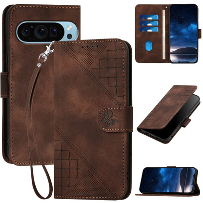 For Google Pixel 9 Pro XL YX0080 Grid Butterfly Embossed Pattern Flip Leather Phone Case with Lanyard(Coffee) - Google Cases by buy2fix | Online Shopping UK | buy2fix