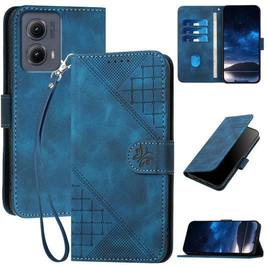 For Motorola Edge 2024 5G Global YX0080 Grid Butterfly Embossed Pattern Flip Leather Phone Case with Lanyard(Dark Blue) - Motorola Cases by buy2fix | Online Shopping UK | buy2fix