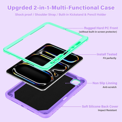 For iPad Pro 11 2024 Kickstand PC Hybrid Silicone Tablet Case with Strap(Purple Mint) - iPad Pro 11 2024 Cases by buy2fix | Online Shopping UK | buy2fix