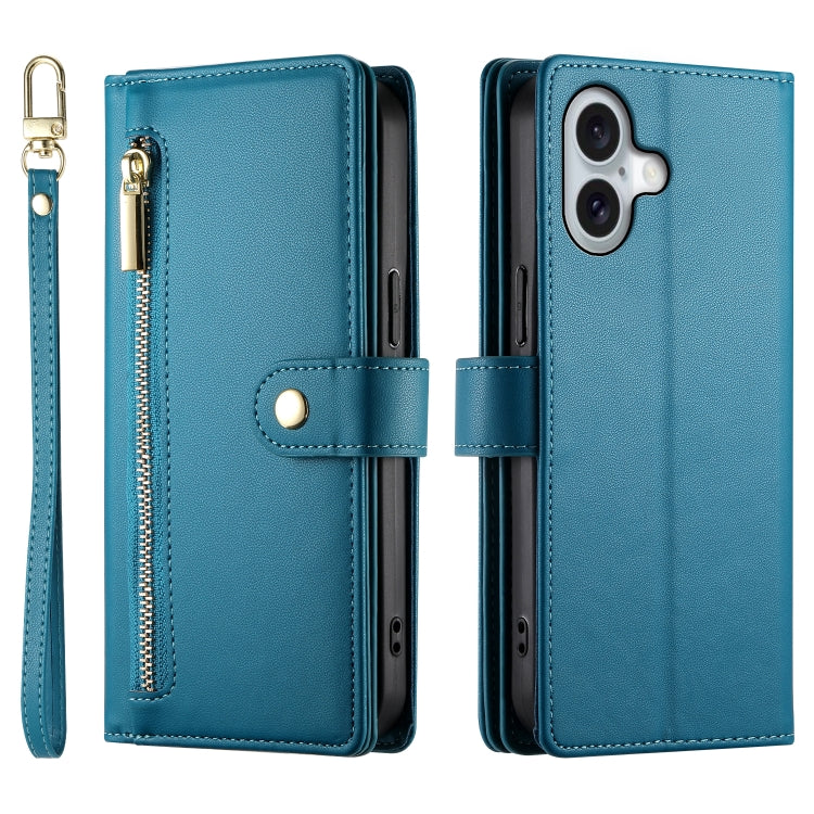 For iPhone 16 Nine Card-slot Zipper Wallet Bag Leather Phone Case(Blue) - iPhone 16 Cases by buy2fix | Online Shopping UK | buy2fix