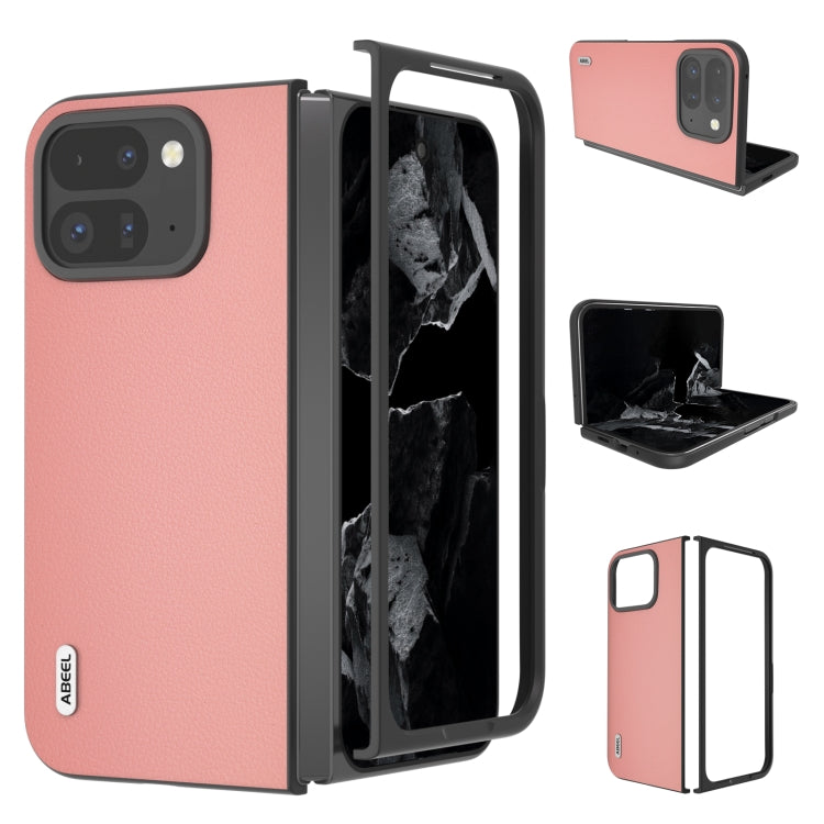 For Google Pixel 9 Pro Fold ABEEL Genuine Leather Wave Black Edge Phone Case(Pink) - Google Cases by buy2fix | Online Shopping UK | buy2fix