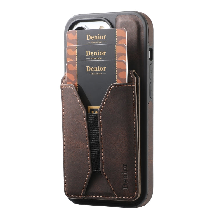 For iPhone 16 Denior D18 Skin Feel Rotating Holder MagSafe Detachable Card Slot Phone Case(Brown) - iPhone 16 Cases by Denior | Online Shopping UK | buy2fix