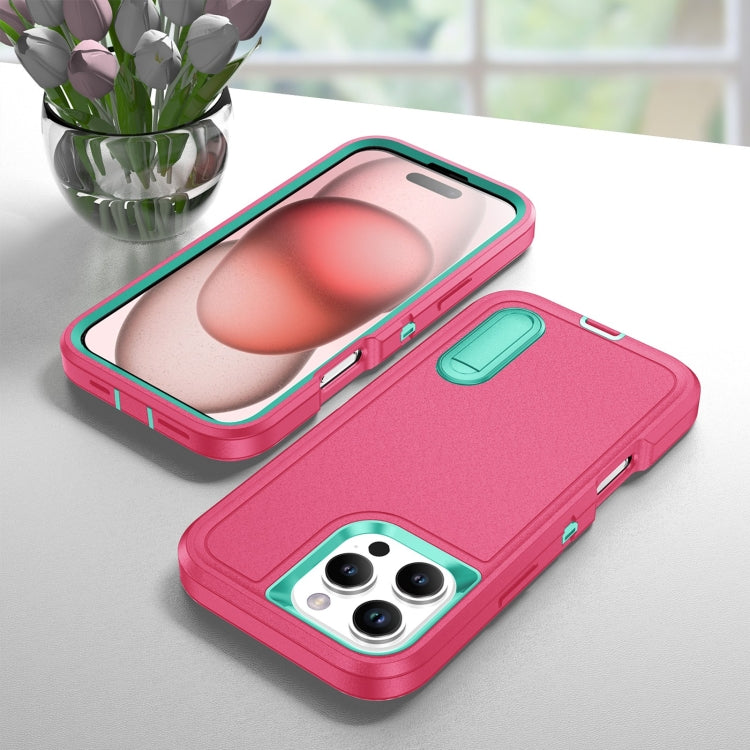 For iPhone 16 Pro Max Rugged PC + Silicone Phone Case with Holder(Rose Red+Light Green) - iPhone 16 Pro Max Cases by buy2fix | Online Shopping UK | buy2fix