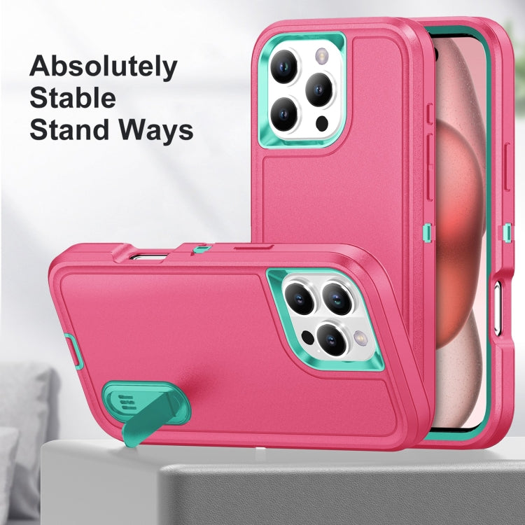 For iPhone 16 Pro Rugged PC + Silicone Phone Case with Holder(Rose Red+Light Green) - iPhone 16 Pro Cases by buy2fix | Online Shopping UK | buy2fix