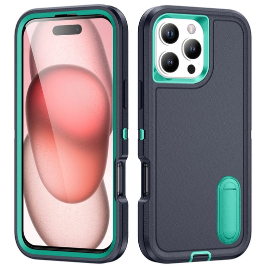 For iPhone 16 Pro Rugged PC + Silicone Phone Case with Holder(Dark Blue+Light Green) - iPhone 16 Pro Cases by buy2fix | Online Shopping UK | buy2fix