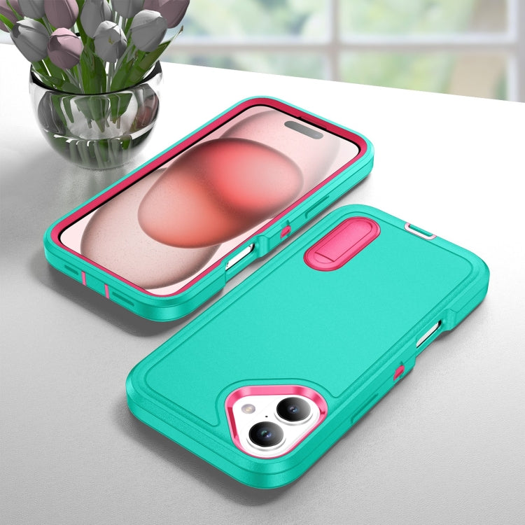 For iPhone 16 Plus Rugged PC + Silicone Phone Case with Holder(Light Green+Rose Red) - iPhone 16 Plus Cases by buy2fix | Online Shopping UK | buy2fix