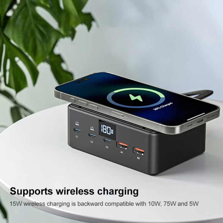 190W LED Display 3 x Type-C + 2 x USB Multi Ports Charger Support QI Wireless Charging(Black) - Multifunction Charger by buy2fix | Online Shopping UK | buy2fix