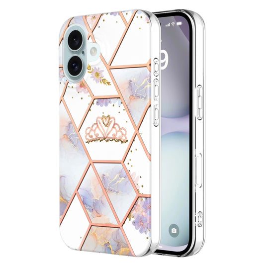 For iPhone 16 Plus Splicing Marble Flower IMD TPU Phone Case(Crown) - iPhone 16 Plus Cases by buy2fix | Online Shopping UK | buy2fix