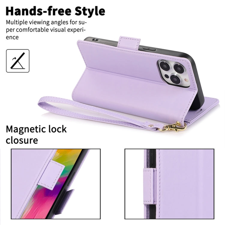 For iPhone 16 Pro Side Buckle RFID Anti-theft Leather Phone Case(Light Purple) - iPhone 16 Pro Cases by buy2fix | Online Shopping UK | buy2fix