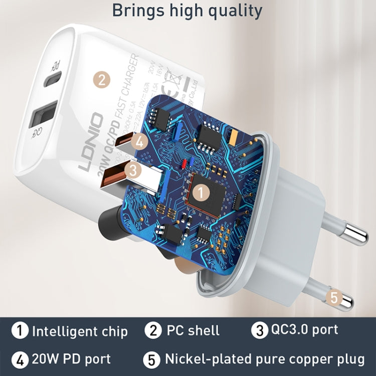 LDNIO Q229 QC3.0 / PD20W USB + Type-C Fast Charger with 1m USB to 8 Pin Cable, Plug Type:EU Plug(White) - USB Charger by LDNIO | Online Shopping UK | buy2fix