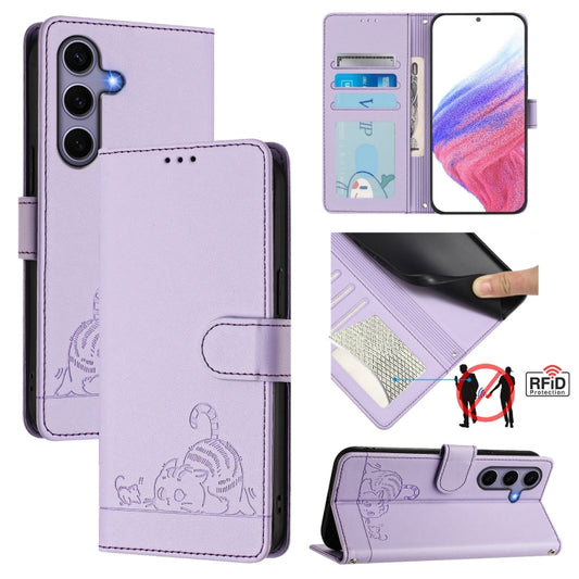 For Samsung Galaxy S25 5G Cat Rat Embossed RFID Leather Phone Case with Lanyard(Purple) - Galaxy S25 5G Cases by buy2fix | Online Shopping UK | buy2fix