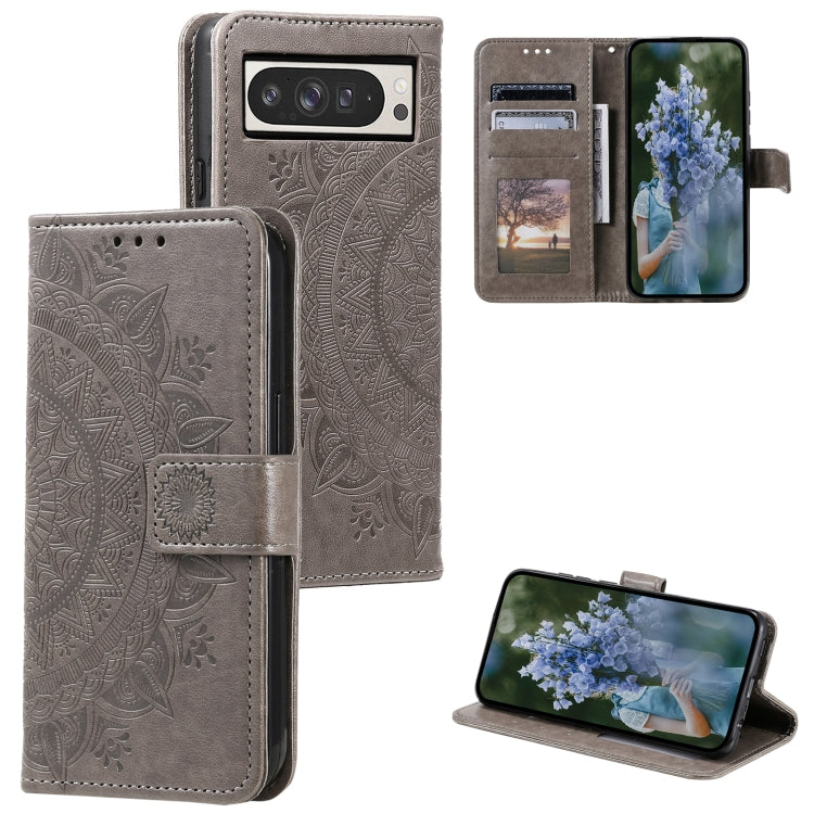 For Google Pixel 9 Pro XL Totem Flower Embossed Leather Phone Case with Lanyard(Grey) - Google Cases by buy2fix | Online Shopping UK | buy2fix