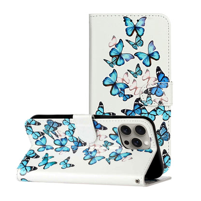 For iPhone 16 Pro Colored Drawing Marble Pattern Leather Phone Case(Little Blue Butterflies) - iPhone 16 Pro Cases by buy2fix | Online Shopping UK | buy2fix