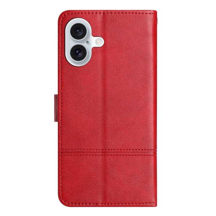 For iPhone 16 Cowhide Texture Stitching Leather Phone Case(Red) - iPhone 16 Cases by buy2fix | Online Shopping UK | buy2fix