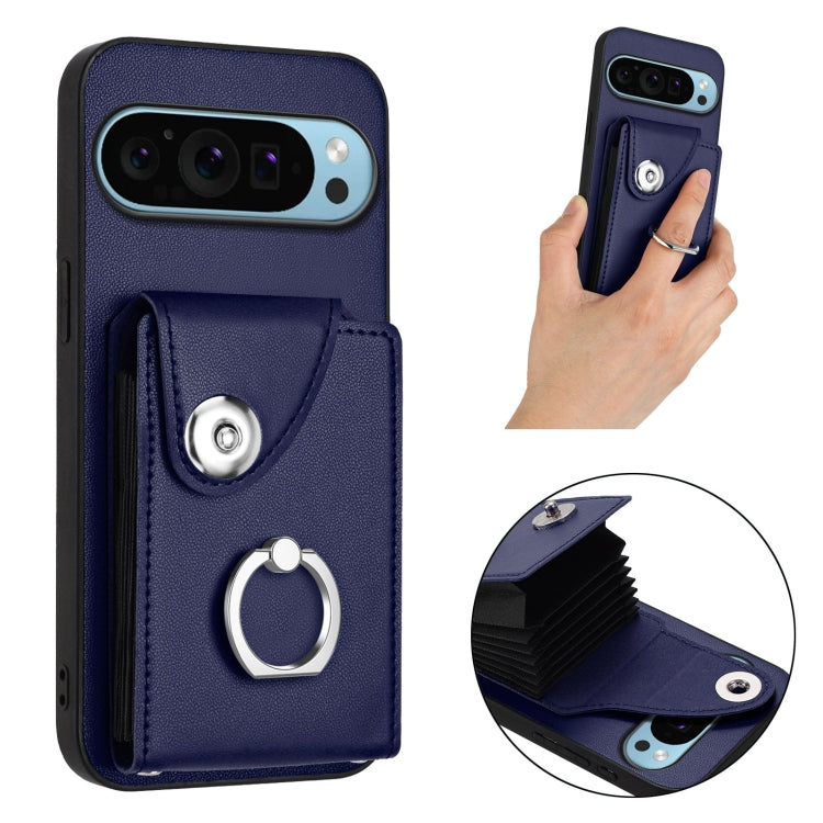 For Google Pixel 9 Pro XL Organ Card Bag Ring Holder Phone Case(Blue) - Google Cases by buy2fix | Online Shopping UK | buy2fix