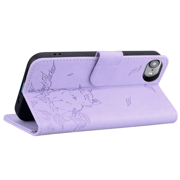 For iPhone SE 2024 Cute Cat Embossed Leather Phone Case(Purple) - More iPhone Cases by buy2fix | Online Shopping UK | buy2fix