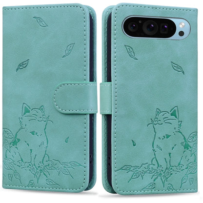 For Google Pixel 9 Pro XL Cute Cat Embossed Leather Phone Case(Green) - Google Cases by buy2fix | Online Shopping UK | buy2fix