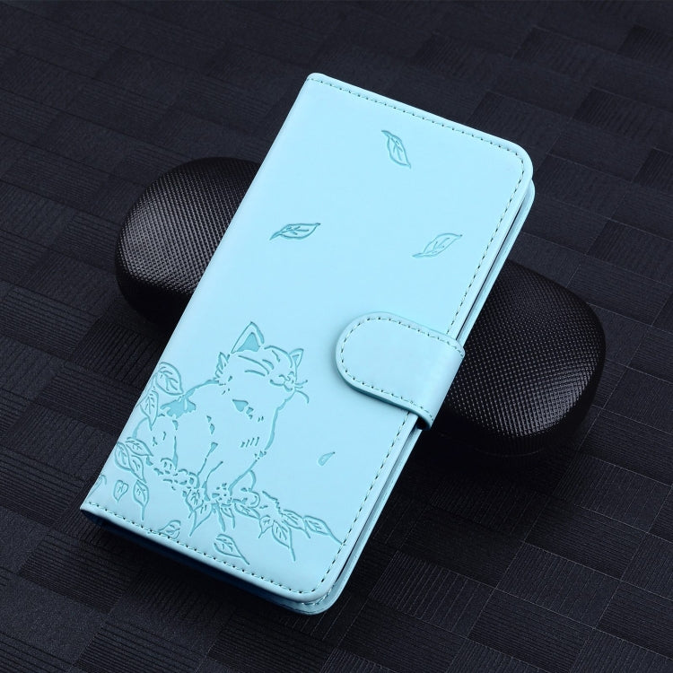 For Google Pixel 9 Pro XL Cute Cat Embossed Leather Phone Case(Sky Blue) - Google Cases by buy2fix | Online Shopping UK | buy2fix