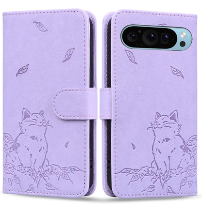 For Google Pixel 9 Pro XL Cute Cat Embossed Leather Phone Case(Purple) - Google Cases by buy2fix | Online Shopping UK | buy2fix