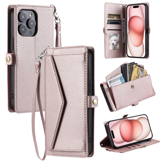 For iPhone 16 Pro Max Wallet Multi-card Slot Leather Phone Case with Lanyard(Rose Gold) - iPhone 16 Pro Max Cases by buy2fix | Online Shopping UK | buy2fix