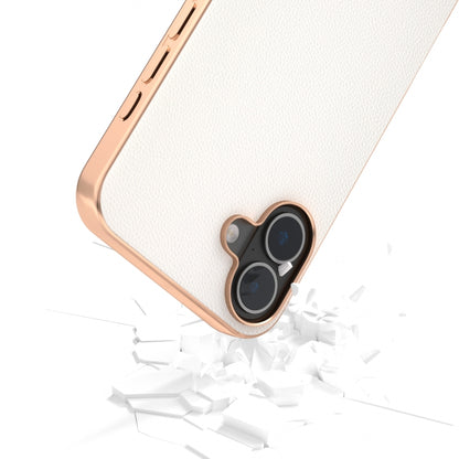 For iPhone 16 ABEEL Electroplated Frame Genuine Leather Elegant Phone Case(White) - iPhone 16 Cases by buy2fix | Online Shopping UK | buy2fix