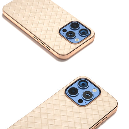 For iPhone 16 Pro Electroplated Frame Woven Texture PU Phone Case(Beige) - iPhone 16 Pro Cases by buy2fix | Online Shopping UK | buy2fix