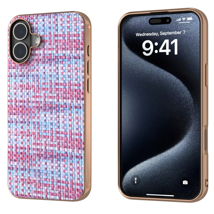 For iPhone 16 Plus Electroplated Frame Color Lattice Texture PU Phone Case(Purple) - iPhone 16 Plus Cases by buy2fix | Online Shopping UK | buy2fix