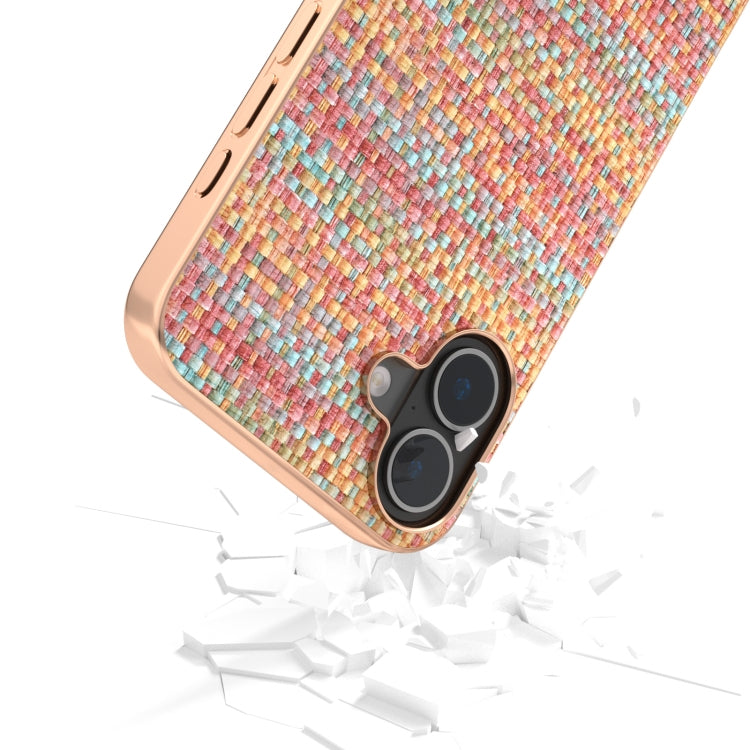 For iPhone 16 Electroplated Frame Color Lattice Texture PU Phone Case(Tangerine) - iPhone 16 Cases by buy2fix | Online Shopping UK | buy2fix