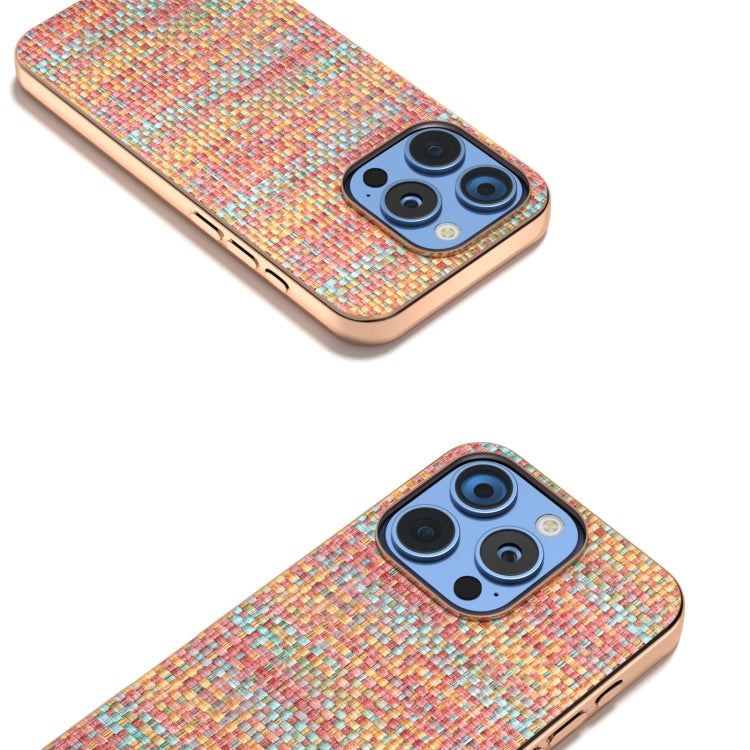 For iPhone 16 Pro Electroplated Frame Color Lattice Texture PU Phone Case(Tangerine) - iPhone 16 Pro Cases by buy2fix | Online Shopping UK | buy2fix