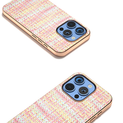 For iPhone 16 Pro Electroplated Frame Color Lattice Texture PU Phone Case(Pink) - iPhone 16 Pro Cases by buy2fix | Online Shopping UK | buy2fix