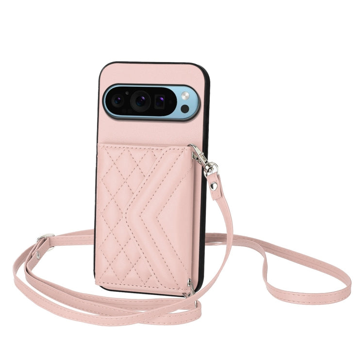 For Google Pixel 9 Pro XL Rhombic Texture Card Bag RFID Phone Case with Long Lanyard(Rose Gold) - Google Cases by buy2fix | Online Shopping UK | buy2fix