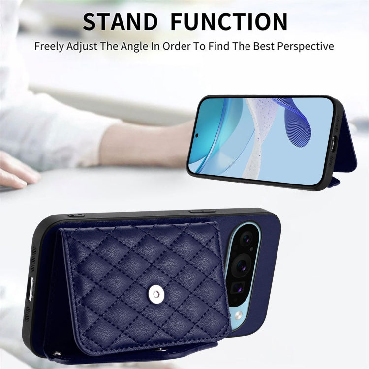 For Google Pixel 9 / 9 Pro Rhombic Texture Card Bag RFID Phone Case with Long Lanyard(Blue) - Google Cases by buy2fix | Online Shopping UK | buy2fix